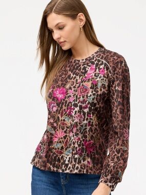 Johnny Was Penellope Seamed Sleeve T-Shirt Leopard Floral Embroidered XS Cotton